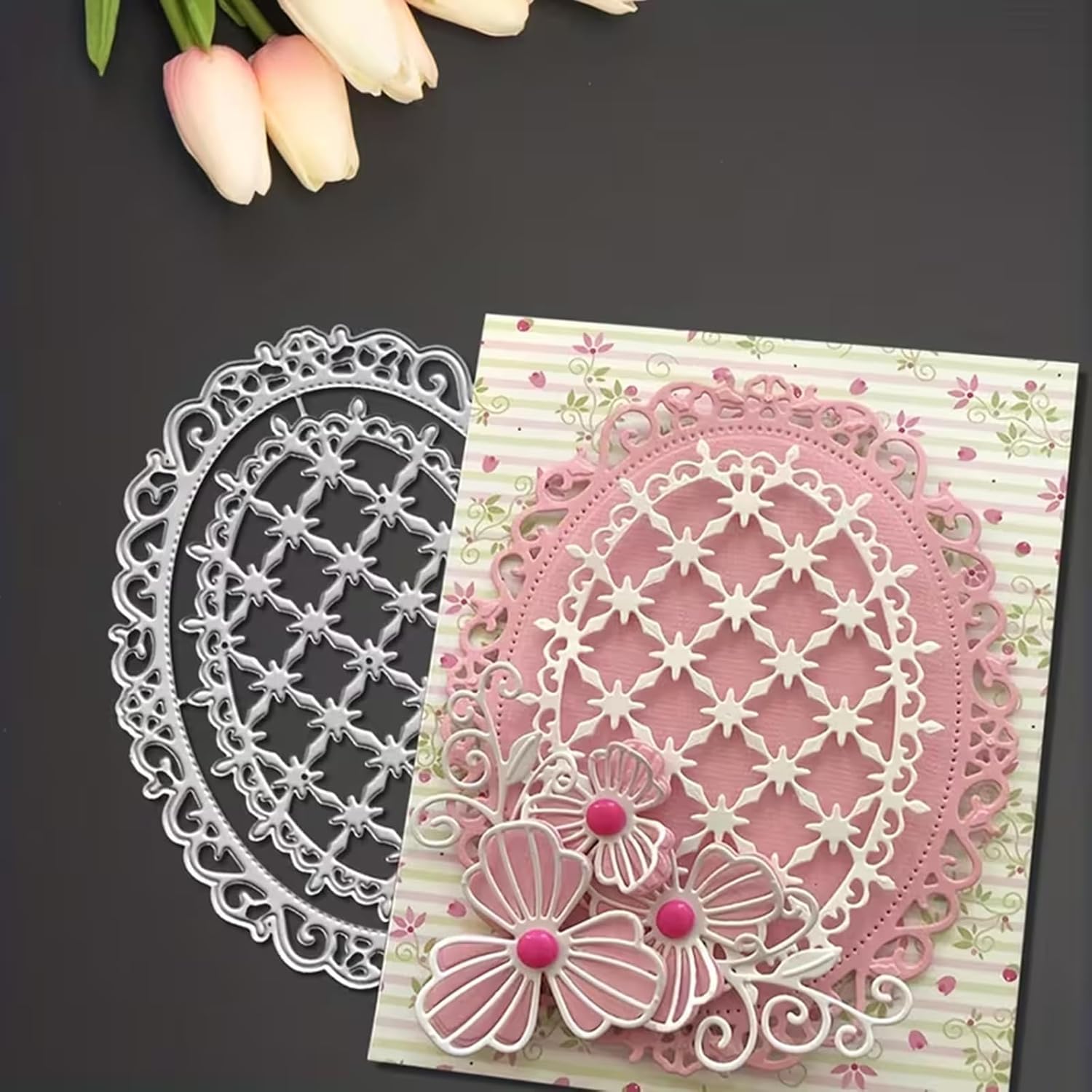 Flower Lace Metal Die Cuts,Lace Oval Grid Frame Festival Cutting Dies Cut Stencils for DIY Photo Decorative Embossing Paper Dies for Scrapbooking Card Making