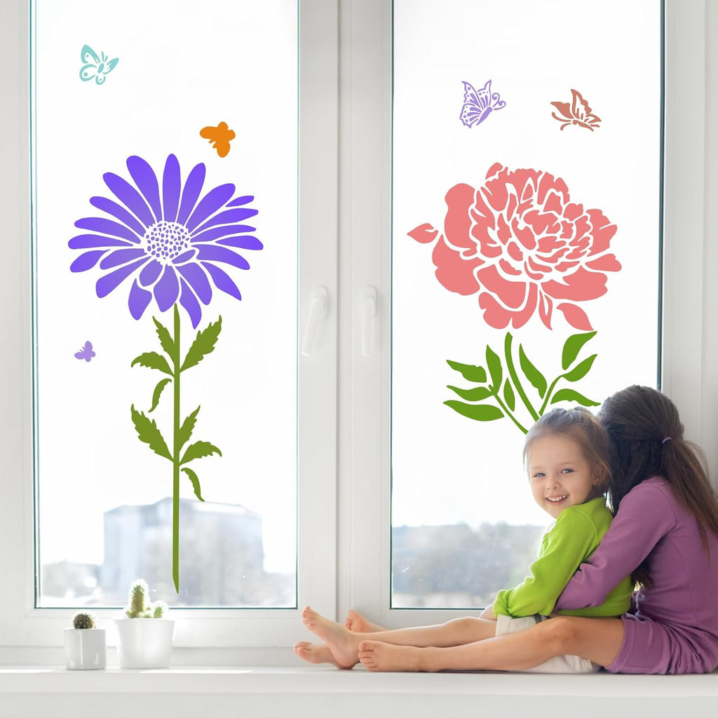12PCS Large Reusable Flower Stencils for Painting - 11.8x11.8 Inch DIY Art Stencils for Wood, Walls, Furniture, Fabric, Garden Decor (Multiple Floral Designs Including Sunflower, Daisy, Butterfly)