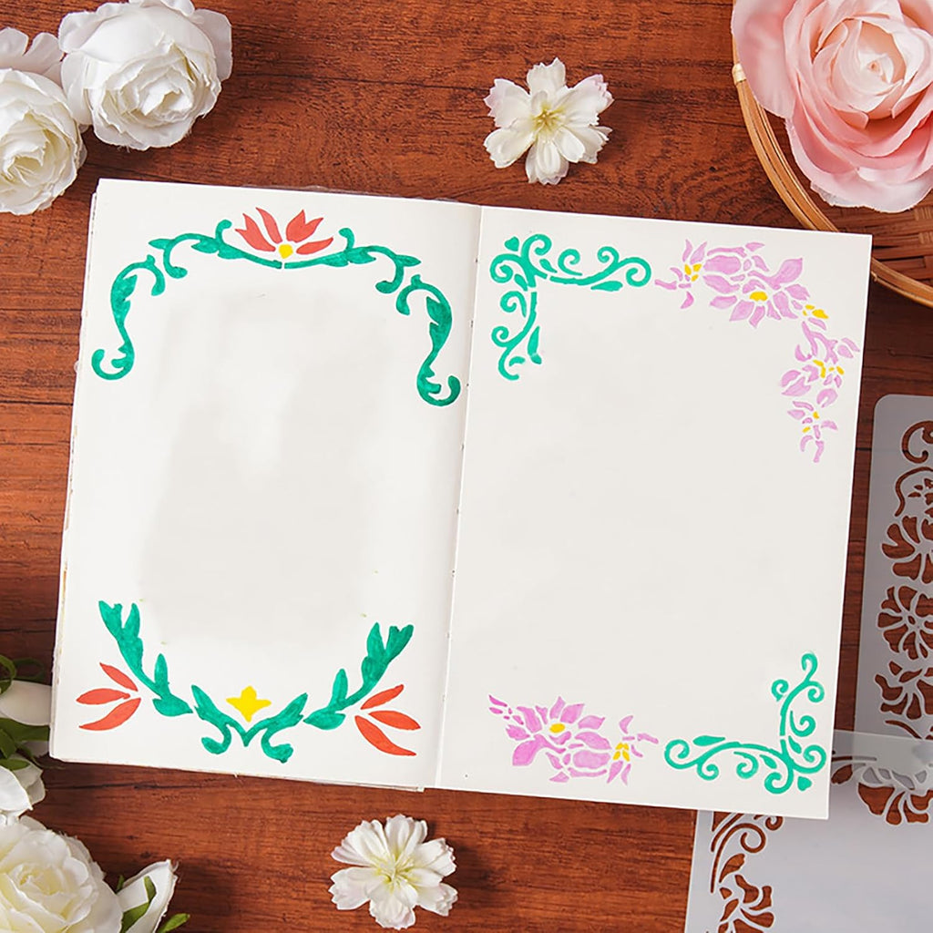 24Pcs Flower Lace Stripe Stencil Templates, 5.2x5.2 Inch Reusable Floral Border Stencils for DIY Baking Cookies, Wall, Canvas, Paper, Fabric and Cards Decorating