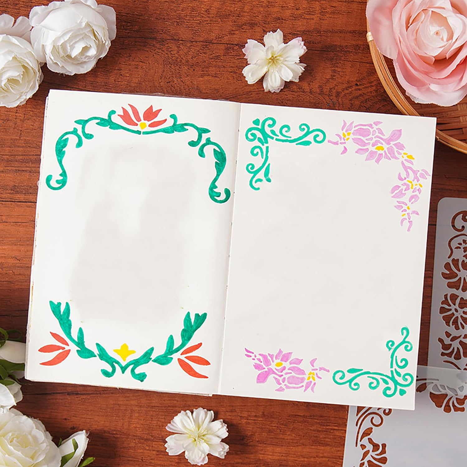 24Pcs Flower Lace Stripe Stencil Templates, 5.2x5.2 Inch Reusable Floral Border Stencils for DIY Baking Cookies, Wall, Canvas, Paper, Fabric and Cards Decorating