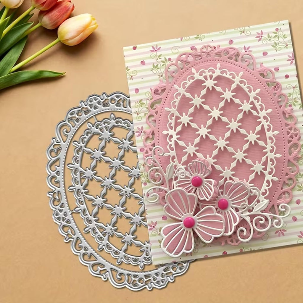 Flower Lace Metal Die Cuts,Lace Oval Grid Frame Festival Cutting Dies Cut Stencils for DIY Photo Decorative Embossing Paper Dies for Scrapbooking Card Making