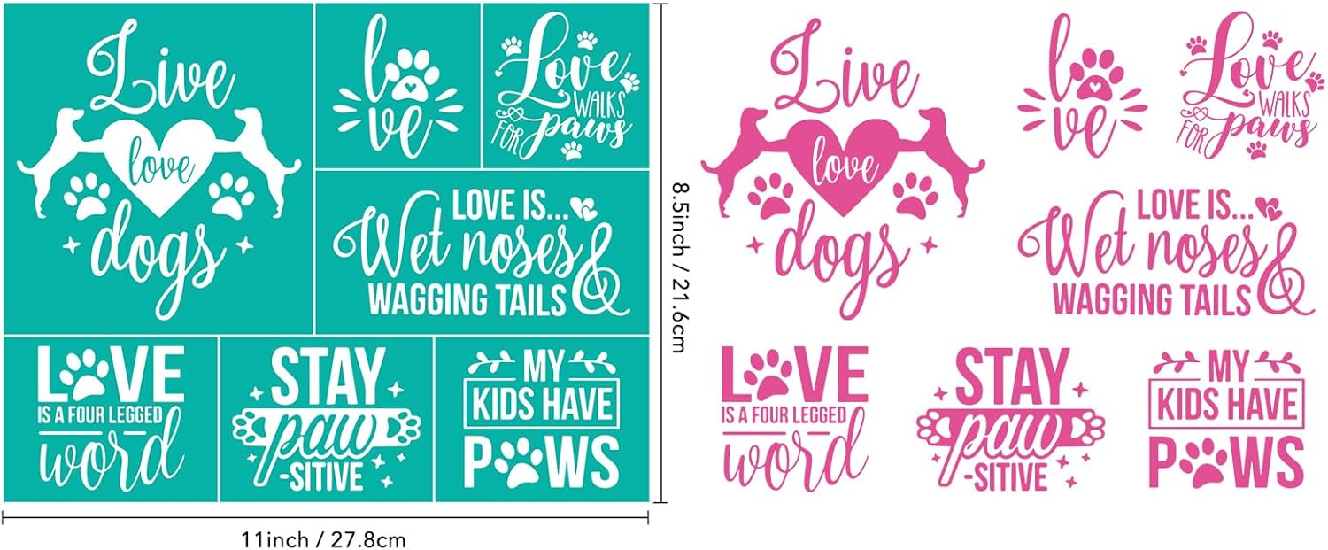 2 Pcs Silk Screen Stencils Reusable, Dogs with Hearts Mesh Stencils, Dogs Paws Love Words Screen Printing Stencil, Sticky Adhesive Stencil for Painting On Wood,Crafts DIY Decoration T-Shirt Fabric