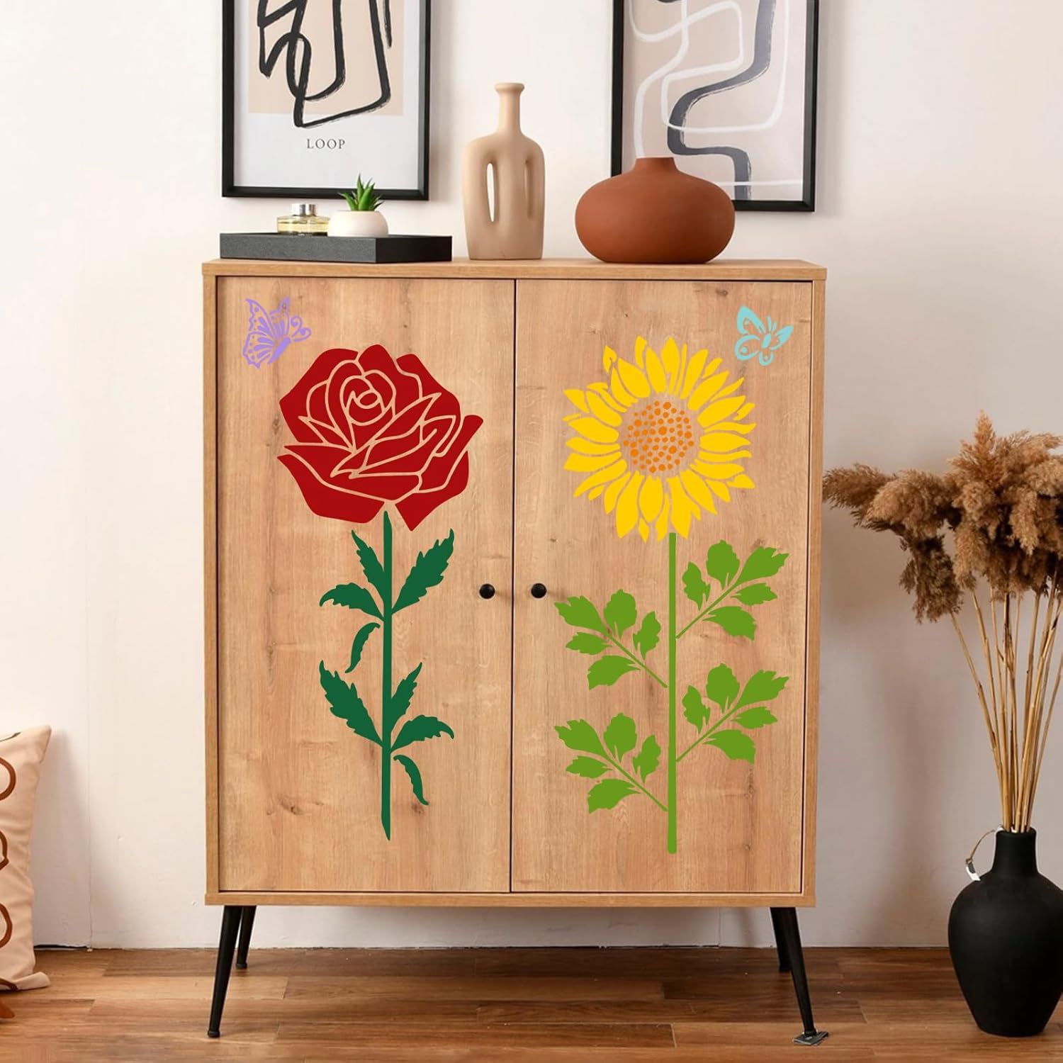 12PCS Large Reusable Flower Stencils for Painting - 11.8x11.8 Inch DIY Art Stencils for Wood, Walls, Furniture, Fabric, Garden Decor (Multiple Floral Designs Including Sunflower, Daisy, Butterfly)