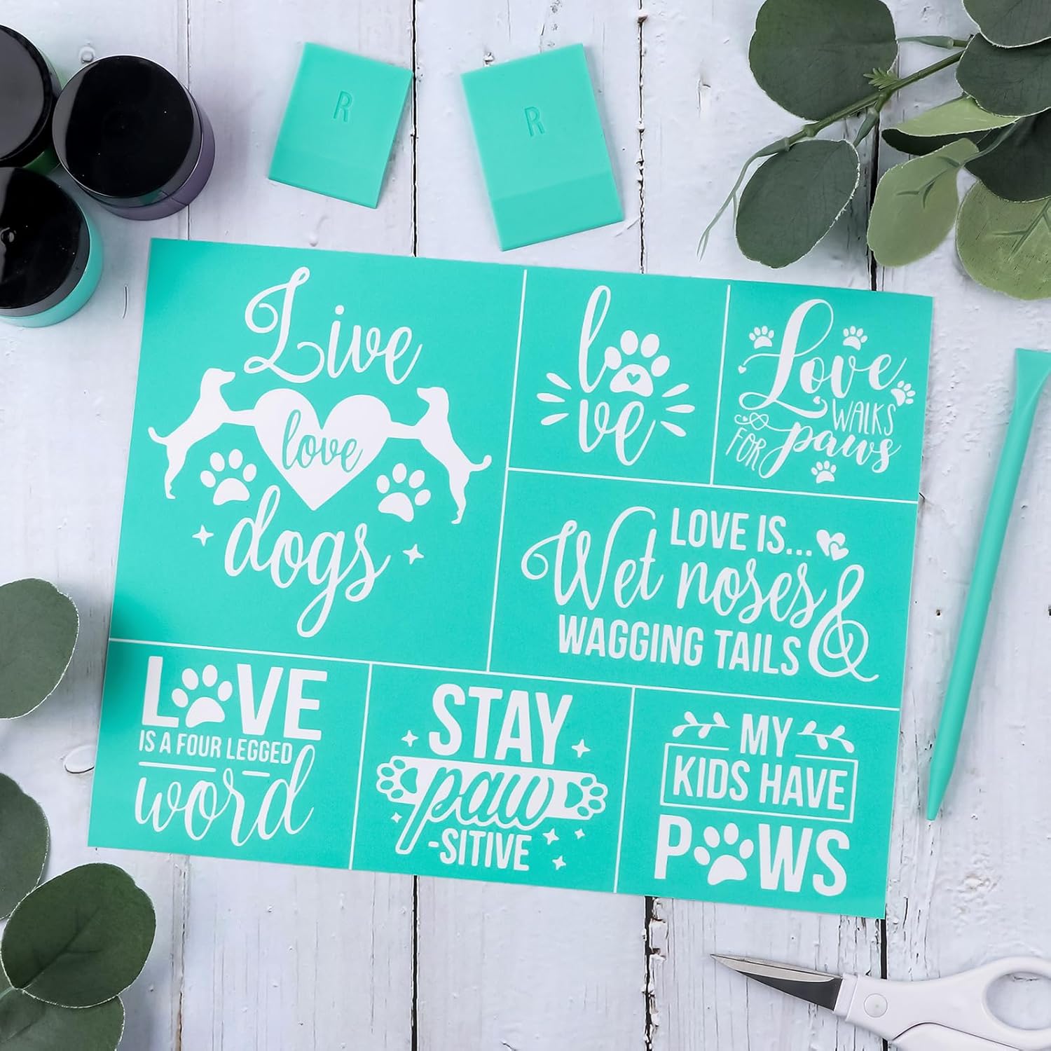 2 Pcs Silk Screen Stencils Reusable, Dogs with Hearts Mesh Stencils, Dogs Paws Love Words Screen Printing Stencil, Sticky Adhesive Stencil for Painting On Wood,Crafts DIY Decoration T-Shirt Fabric