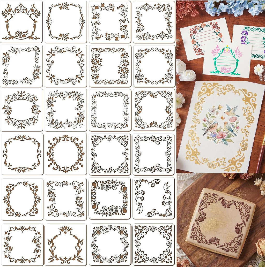 24Pcs Flower Lace Stripe Stencil Templates, 5.2x5.2 Inch Reusable Floral Border Stencils for DIY Baking Cookies, Wall, Canvas, Paper, Fabric and Cards Decorating