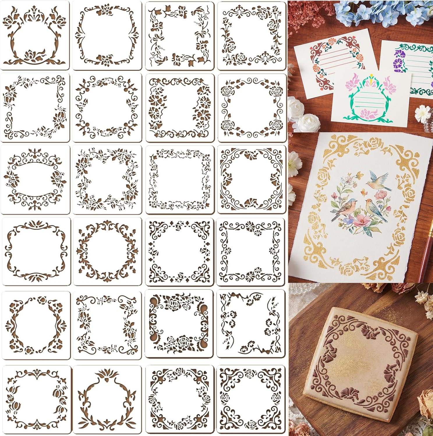 24Pcs Flower Lace Stripe Stencil Templates, 5.2x5.2 Inch Reusable Floral Border Stencils for DIY Baking Cookies, Wall, Canvas, Paper, Fabric and Cards Decorating