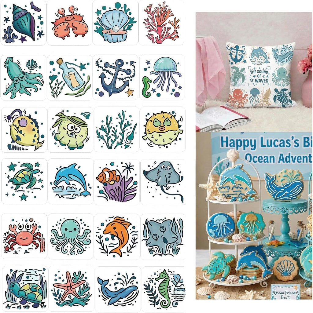 24Pcs 5.2x5.2 Inches Ocean Theme Stencils, Reusable Sea World Painting Templates for DIY Crafts Wall Canvas Baking Cookies Cards Fabric Decor