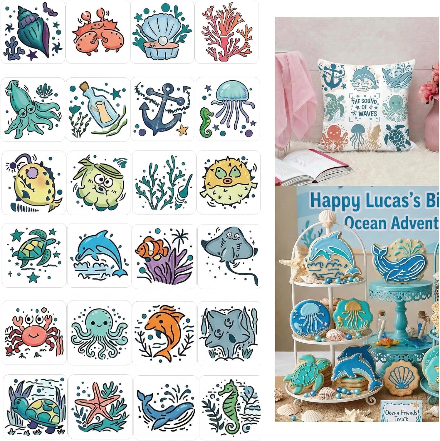 24Pcs 5.2x5.2 Inches Ocean Theme Stencils, Reusable Sea World Painting Templates for DIY Crafts Wall Canvas Baking Cookies Cards Fabric Decor