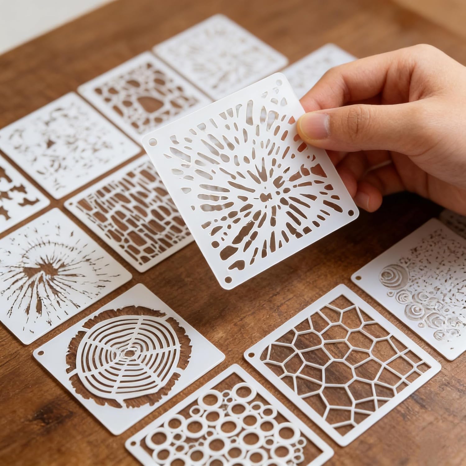 16PCS Geometric Stencils for Painting, Reusable Abstract Layering Stencils for Crafts, Perfect for Wood, Walls, Furniture, Card Making, Cake Decorating, Rock Painting