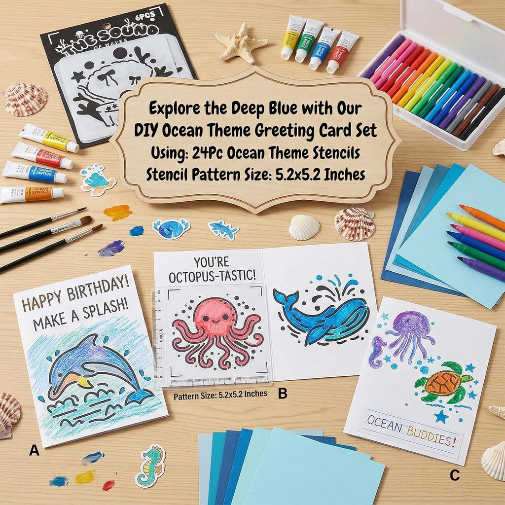 24Pcs 5.2x5.2 Inches Ocean Theme Stencils, Reusable Sea World Painting Templates for DIY Crafts Wall Canvas Baking Cookies Cards Fabric Decor