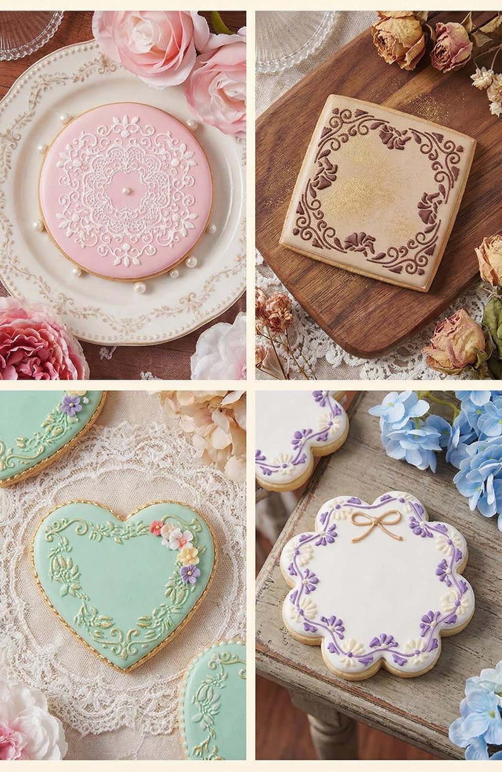 24Pcs Flower Lace Stripe Stencil Templates, 5.2x5.2 Inch Reusable Floral Border Stencils for DIY Baking Cookies, Wall, Canvas, Paper, Fabric and Cards Decorating