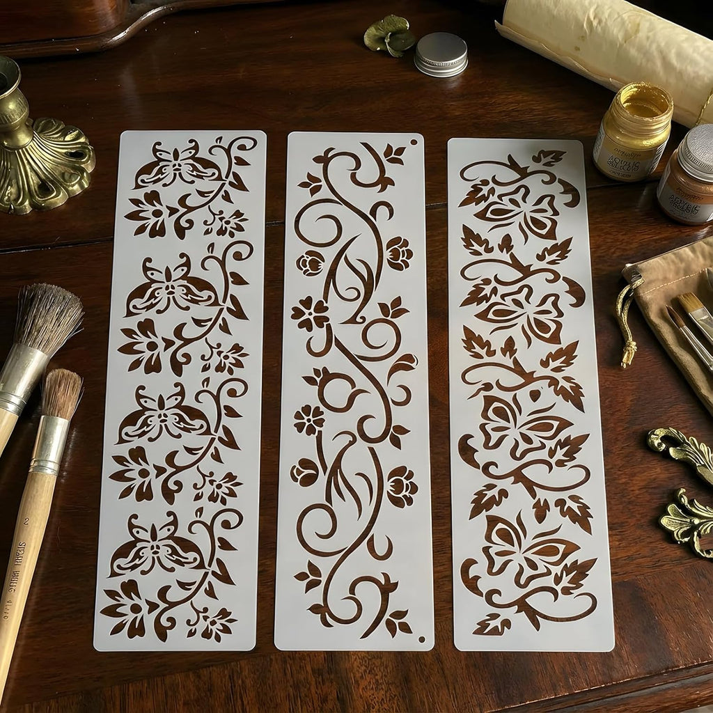 12 PCS Flower Border Stencils for Painting, Stencils for Crafts Reusable 12 x 3 Inch Floral Edge Templates for Furniture Walls Signs and Romantic Decor
