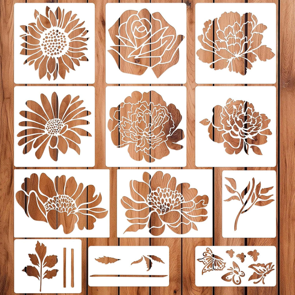 12PCS Large Reusable Flower Stencils for Painting - 11.8x11.8 Inch DIY Art Stencils for Wood, Walls, Furniture, Fabric, Garden Decor (Multiple Floral Designs Including Sunflower, Daisy, Butterfly)