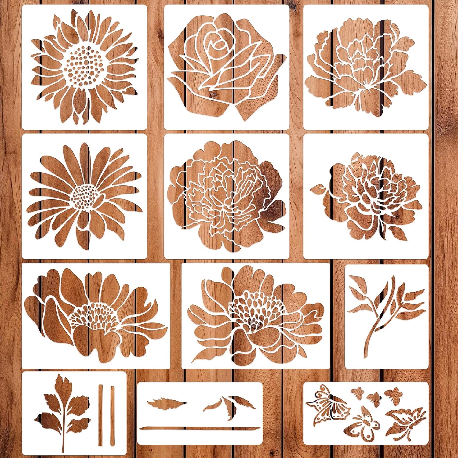 12PCS Large Reusable Flower Stencils for Painting - 11.8x11.8 Inch DIY Art Stencils for Wood, Walls, Furniture, Fabric, Garden Decor (Multiple Floral Designs Including Sunflower, Daisy, Butterfly)