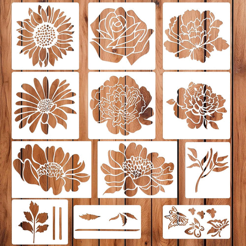 12PCS Large Reusable Flower Stencils for Painting - 11.8x11.8 Inch DIY Art Stencils for Wood, Walls, Furniture, Fabric, Garden Decor (Multiple Floral Designs Including Sunflower, Daisy, Butterfly)