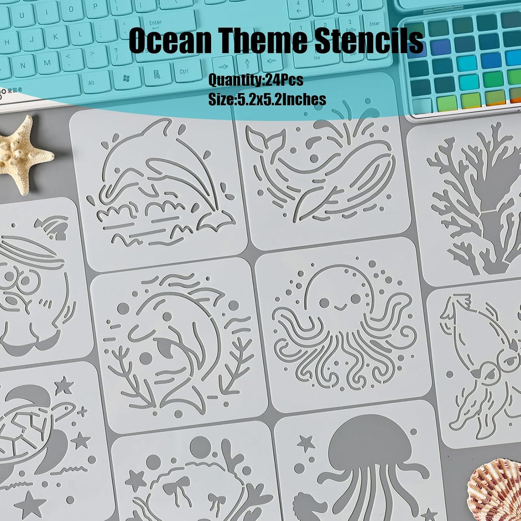 24Pcs 5.2x5.2 Inches Ocean Theme Stencils, Reusable Sea World Painting Templates for DIY Crafts Wall Canvas Baking Cookies Cards Fabric Decor