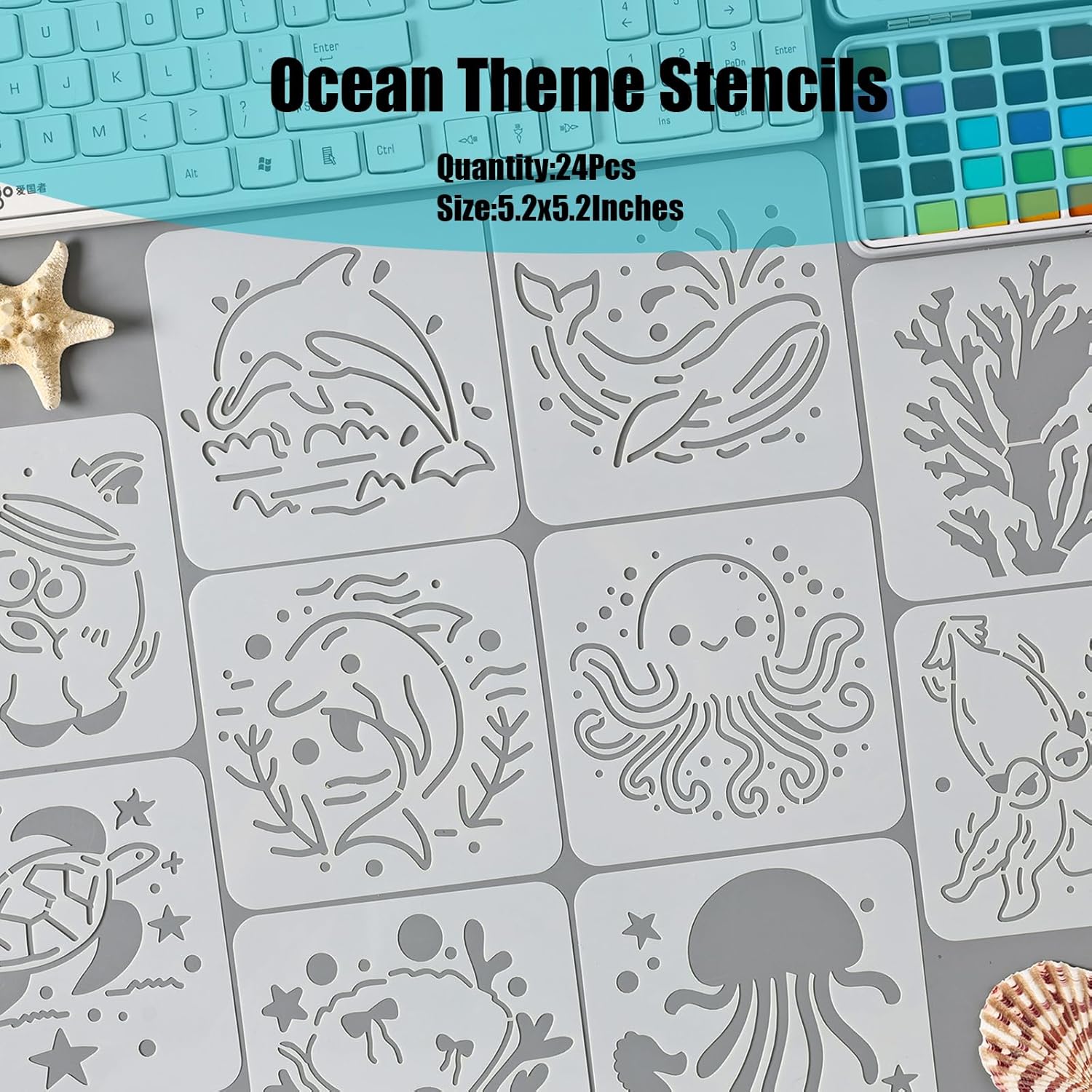 24Pcs 5.2x5.2 Inches Ocean Theme Stencils, Reusable Sea World Painting Templates for DIY Crafts Wall Canvas Baking Cookies Cards Fabric Decor