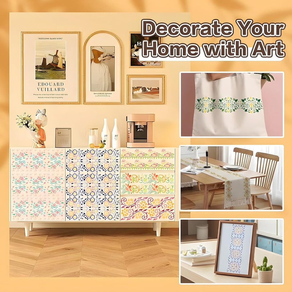 12 PCS Flower Border Stencils for Painting, Stencils for Crafts Reusable 12 x 3 Inch Floral Edge Templates for Furniture Walls Signs and Romantic Decor