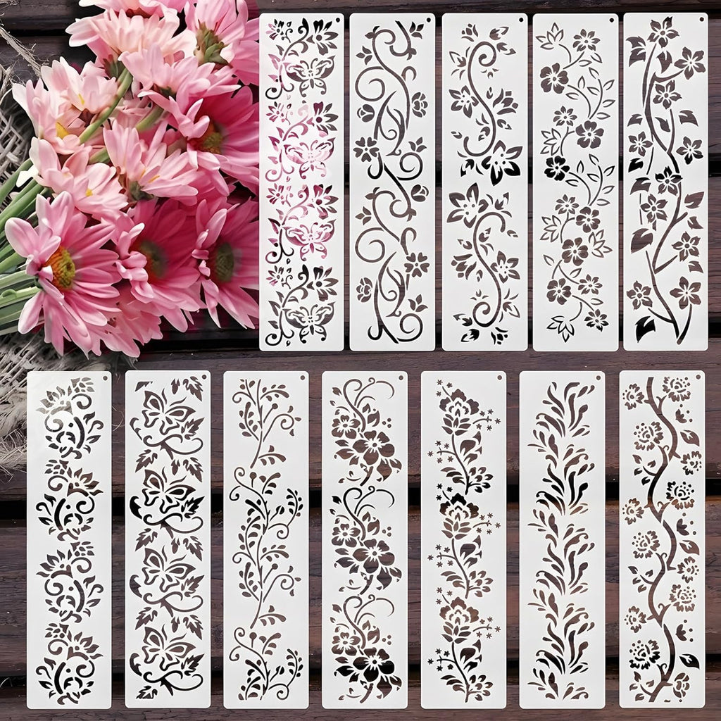 12 PCS Flower Border Stencils for Painting, Stencils for Crafts Reusable 12 x 3 Inch Floral Edge Templates for Furniture Walls Signs and Romantic Decor