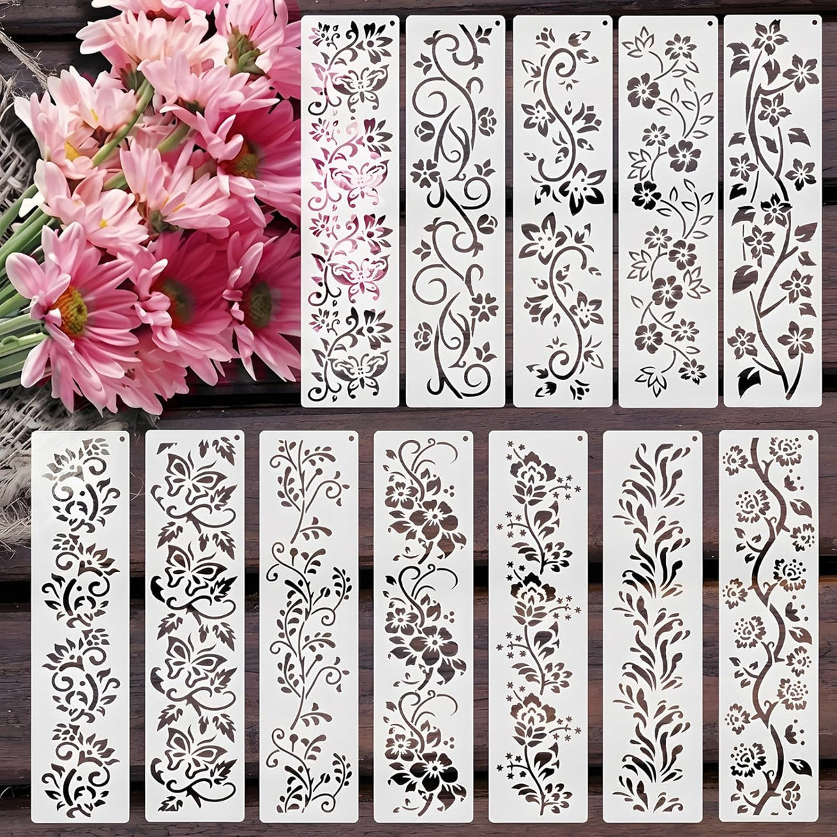 12 PCS Flower Border Stencils for Painting, Stencils for Crafts Reusable 12 x 3 Inch Floral Edge Templates for Furniture Walls Signs and Romantic Decor