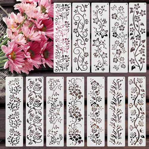 12 PCS Flower Border Stencils for Painting, Stencils for Crafts Reusable 12 x 3 Inch Floral Edge Templates for Furniture Walls Signs and Romantic Decor