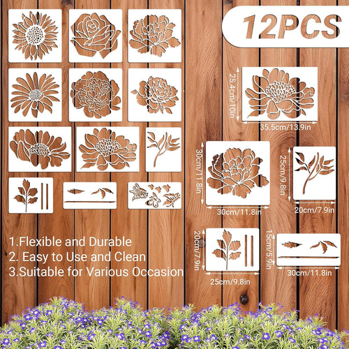 12PCS Large Reusable Flower Stencils for Painting - 11.8x11.8 Inch DIY Art Stencils for Wood, Walls, Furniture, Fabric, Garden Decor (Multiple Floral Designs Including Sunflower, Daisy, Butterfly)